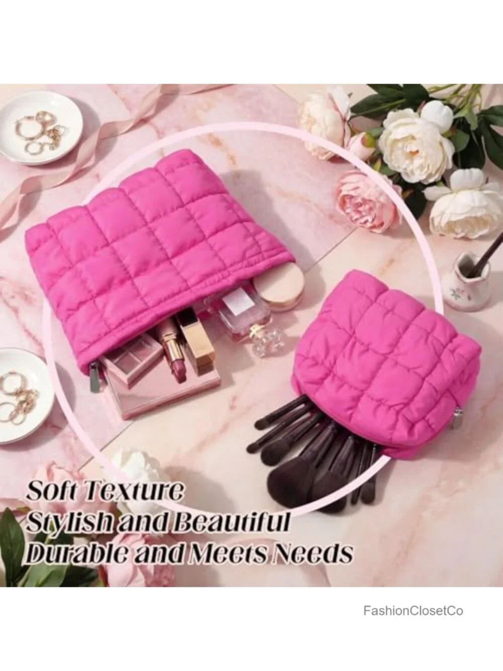 Quilted Cosmetic Bag Set Puffy Makeup Pouch Travel Toiletry Organizer Zipper